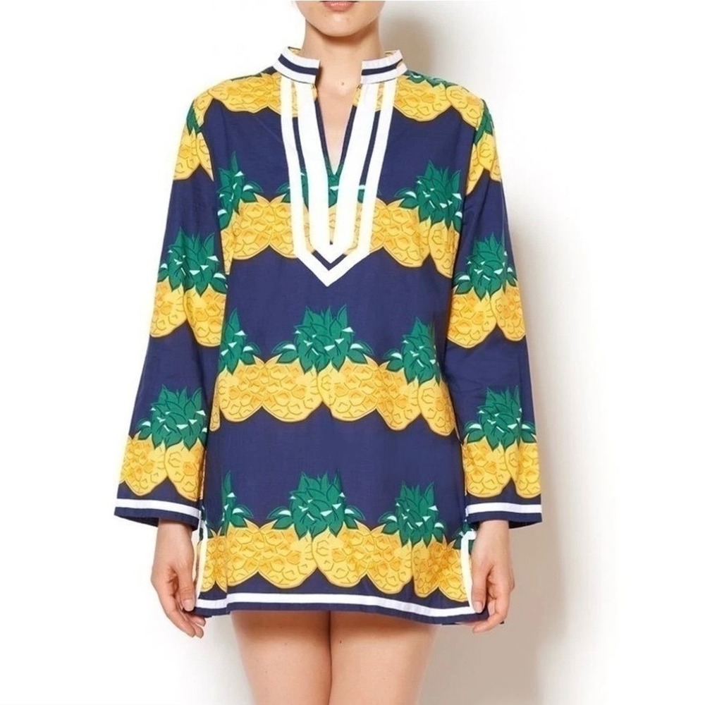 Tracy Negoshian Navy Blue Pineapple Print Cotton Tunic Dress Split V-Neck Size S